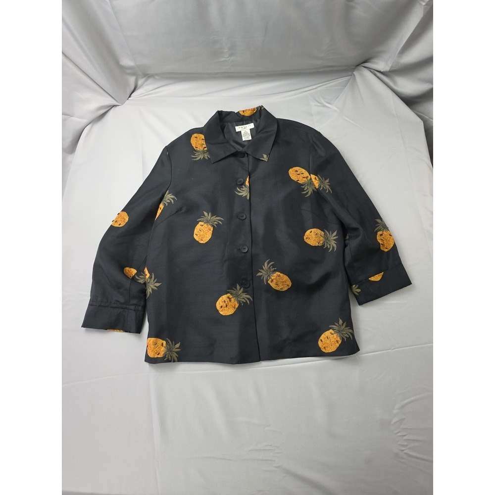 Outfit JPR‎ Silk Shirt Women's Button Down Pineapple Black Large Collared Lined